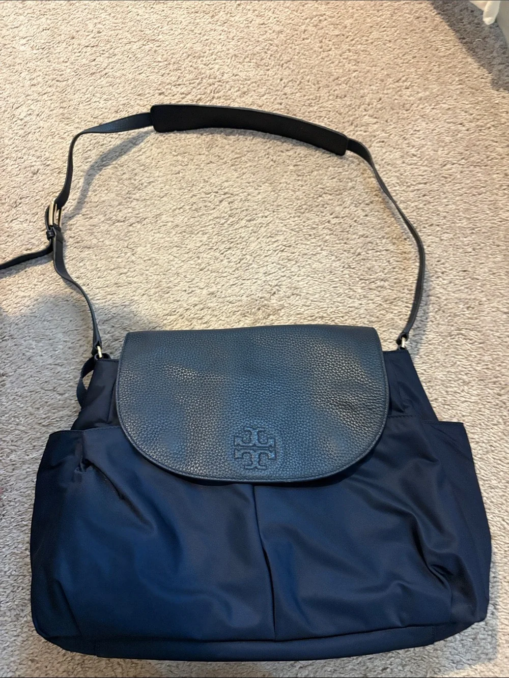 Tory Burch Navy Nylon Shoulder Bag with Leather Flap